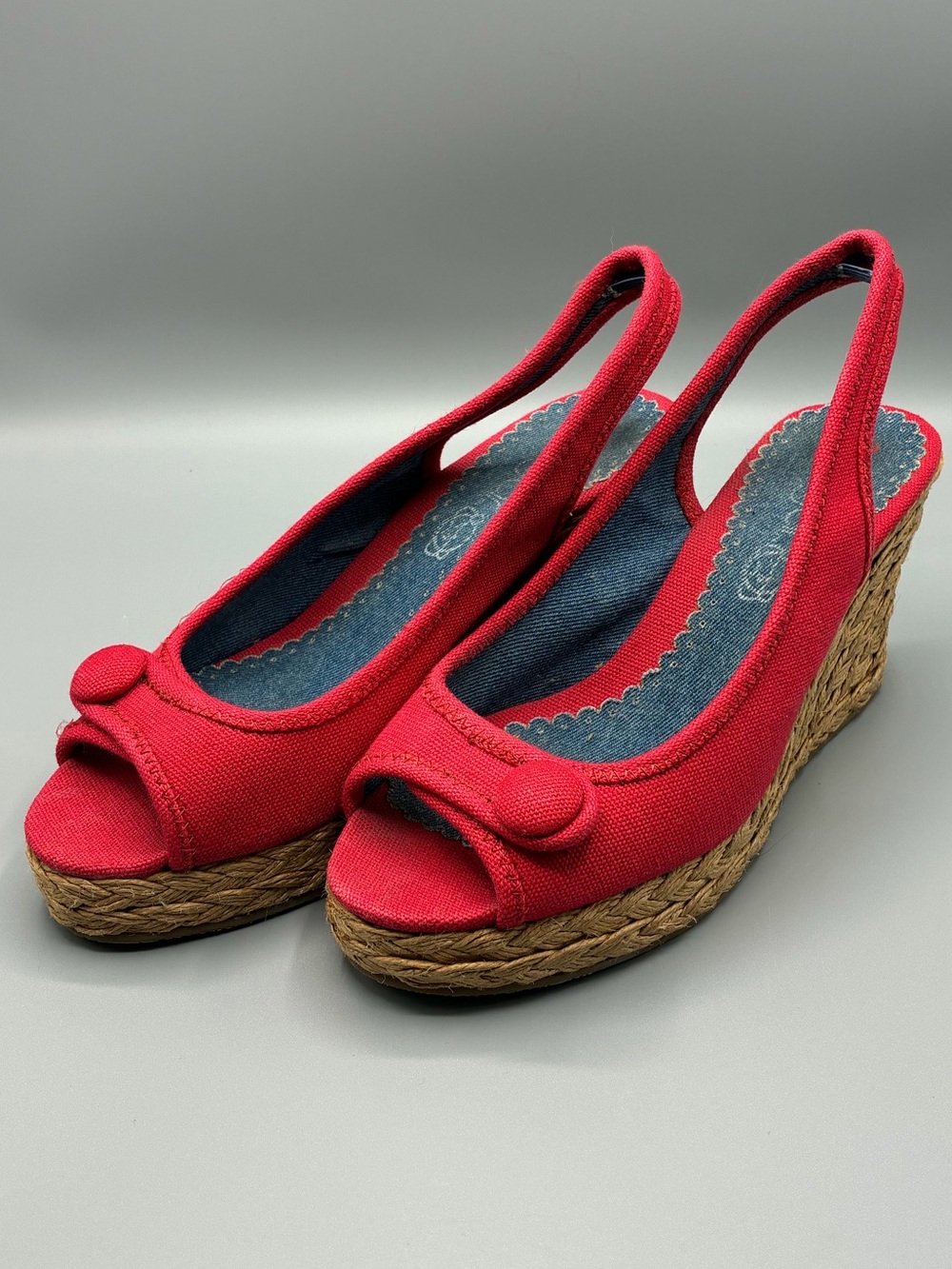 Y2K SUGAR red Canvas Peep-Toe Slingback Wedge Sandals
